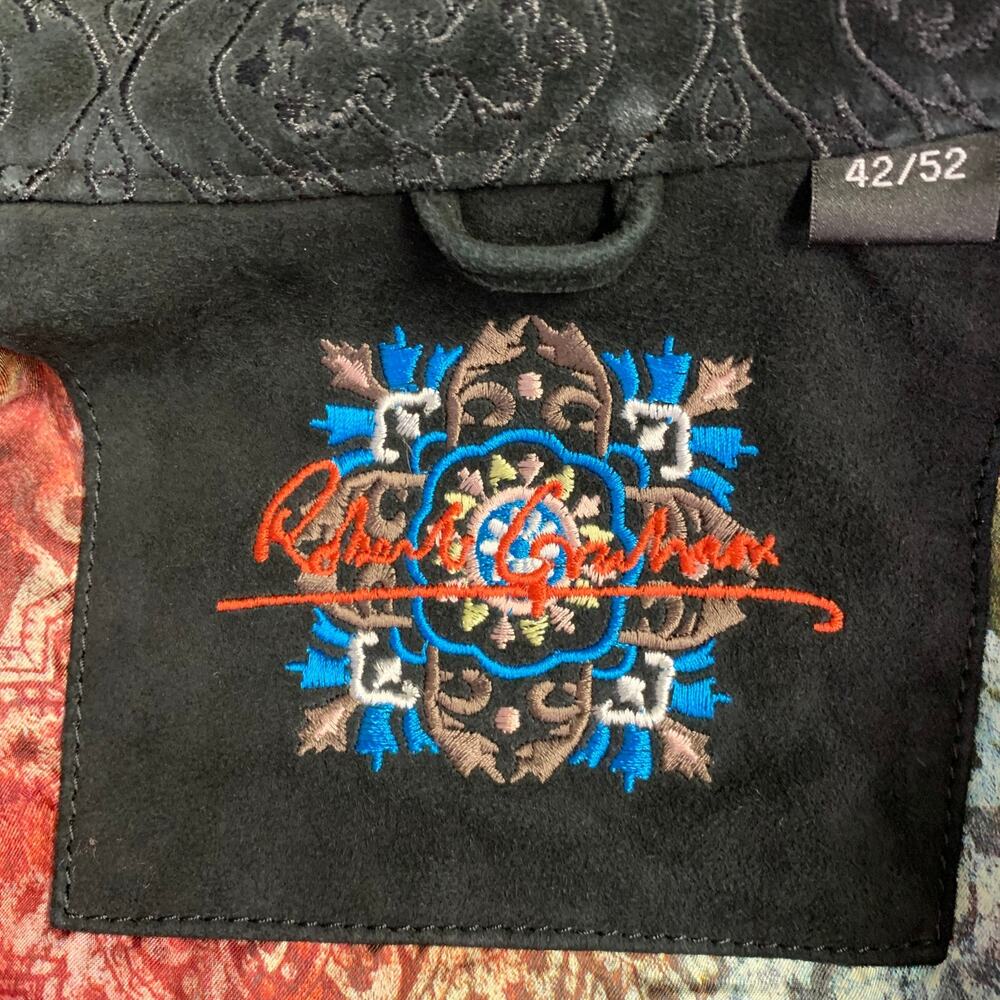 ROBERT GRAHAM Size L Black Embroidery Suede Contrast Trim Long Sleeve Shirt - Picture 6 of 8